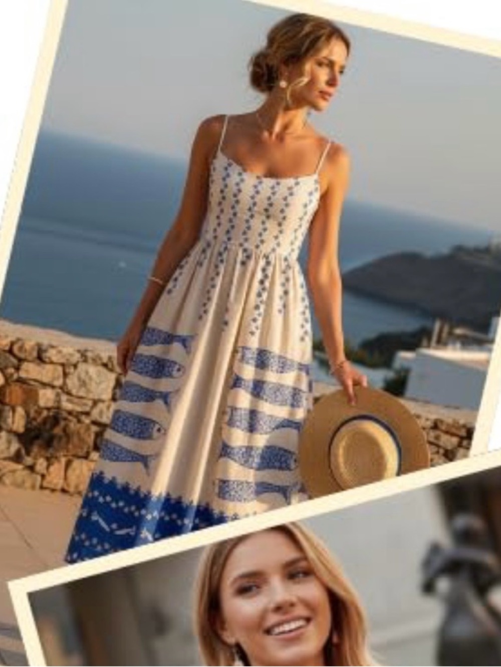 Champagne and Blue Striped Fish-Print Summer Dress *Never worn!* - Picture 2 of 4